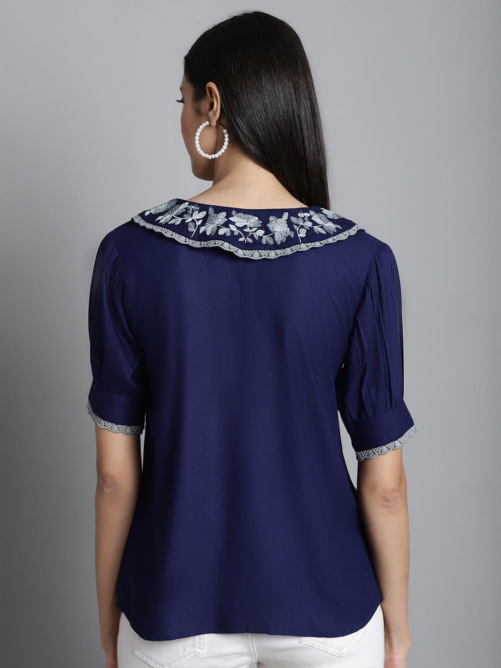 Jainish Women's Embroidered Peter Pan Collar Top - Navy Blue