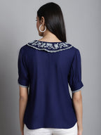 Jainish Women's Embroidered Peter Pan Collar Top - Navy Blue