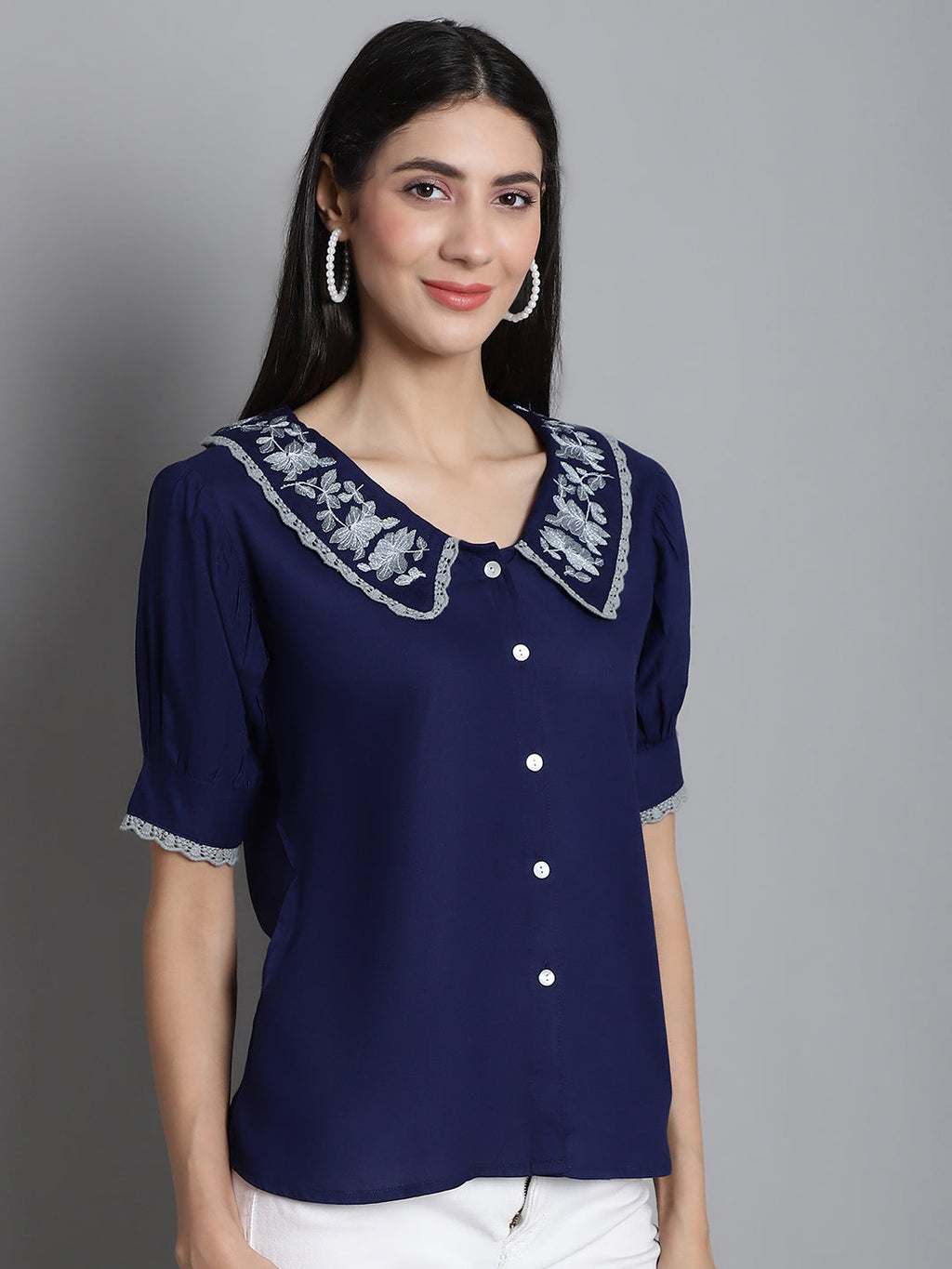 Jainish Women's Embroidered Peter Pan Collar Top - Navy Blue