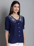 Jainish Women's Embroidered Peter Pan Collar Top - Navy Blue