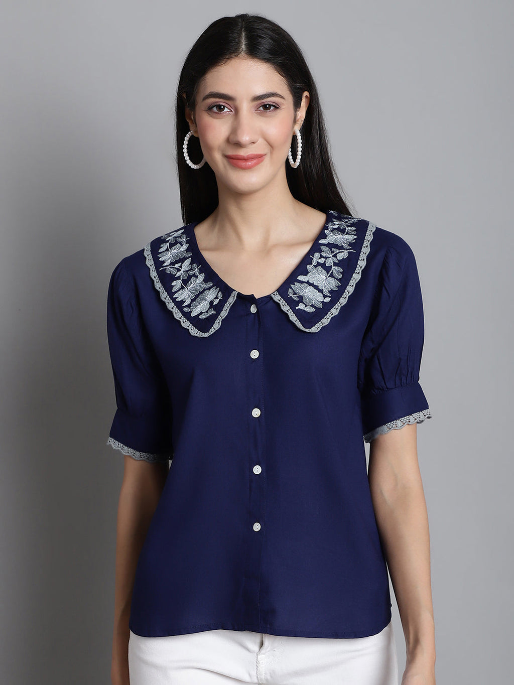 Jainish Women's Embroidered Peter Pan Collar Top - Navy Blue