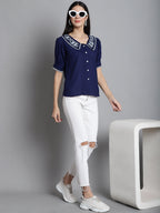 Jainish Women's Embroidered Peter Pan Collar Top - Navy Blue