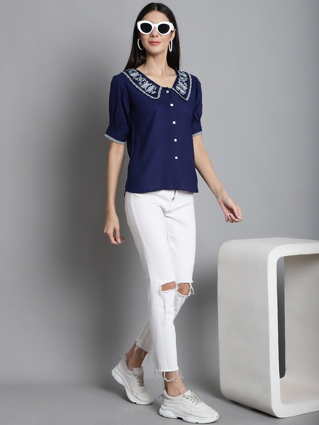 Jainish Women's Embroidered Peter Pan Collar Top - Navy Blue