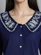 Jainish Women's Embroidered Peter Pan Collar Top - Navy Blue