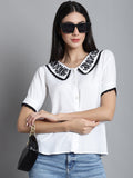 Jainish Women's Embroidered Peter Pan Collar Top - White