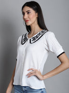 Jainish Women's Embroidered Peter Pan Collar Top - White
