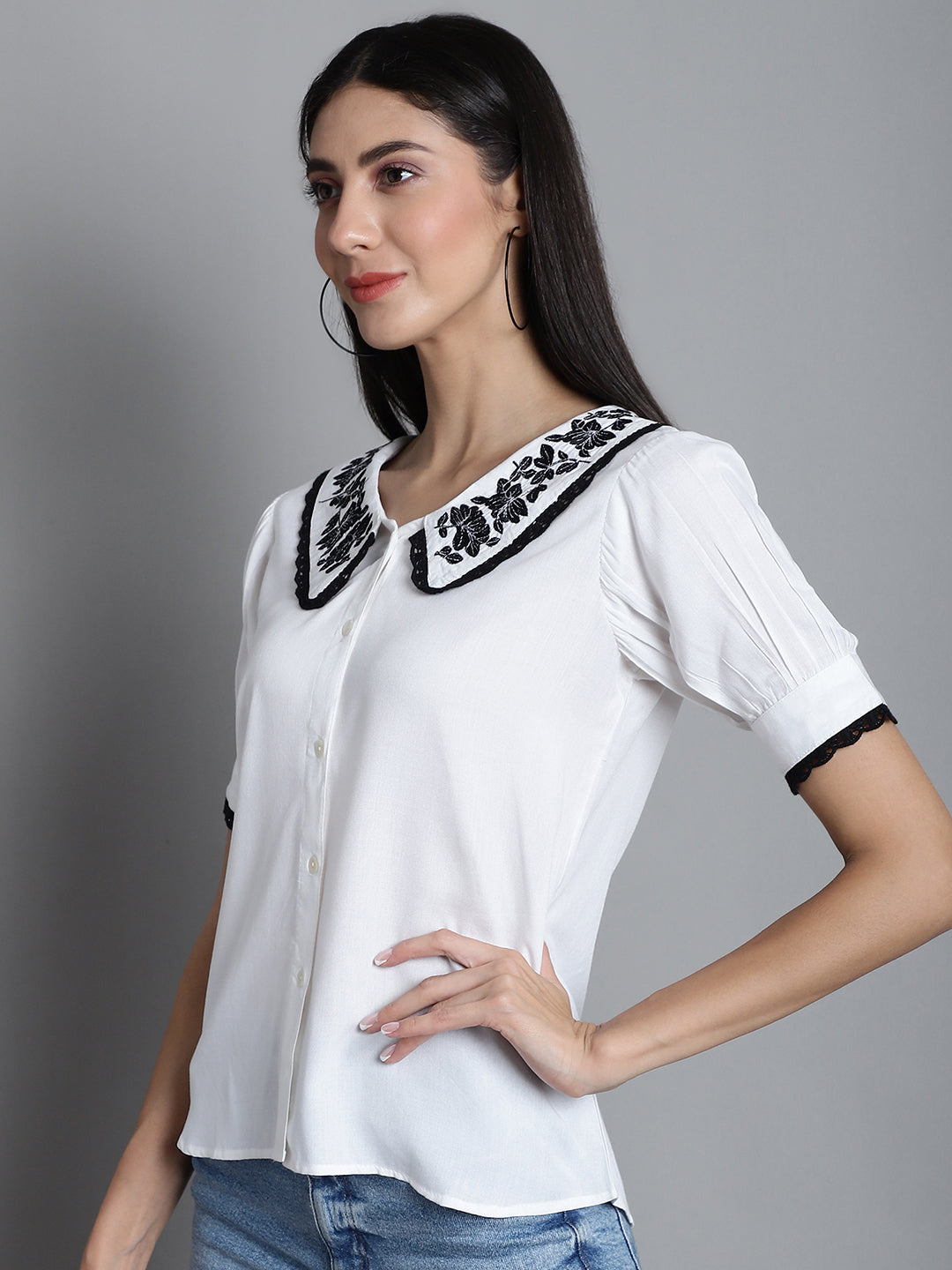 Jainish Women's Embroidered Peter Pan Collar Top - White