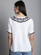 Jainish Women's Embroidered Peter Pan Collar Top - White