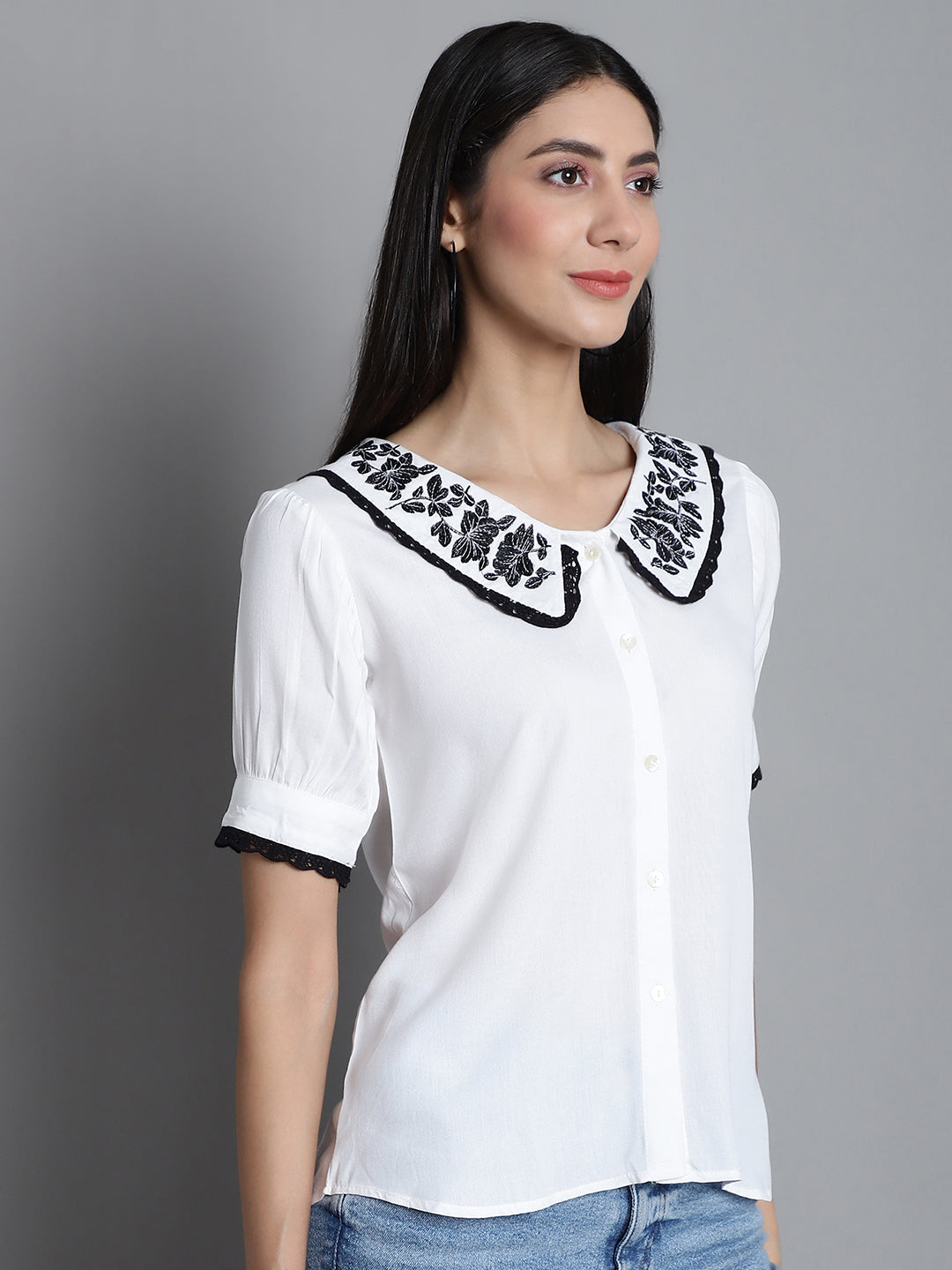 Jainish Women's Embroidered Peter Pan Collar Top - White