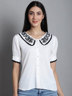 Jainish Women's Embroidered Peter Pan Collar Top - White