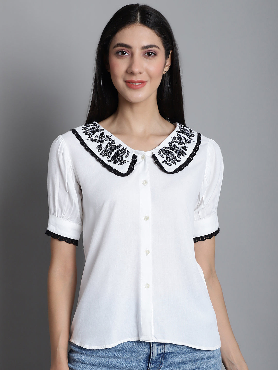 Jainish Women's Embroidered Peter Pan Collar Top - White