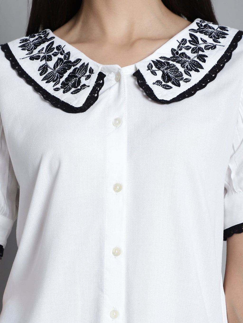 Jainish Women's Embroidered Peter Pan Collar Top - White