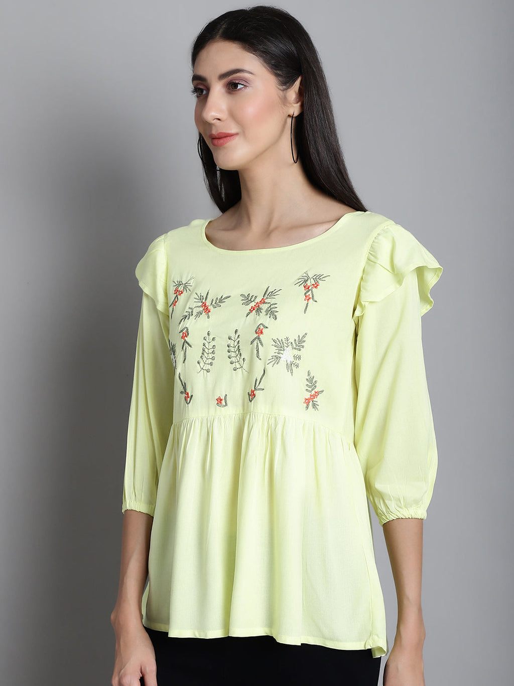 Jainish Women's Embroidered Stylish Top - Lemon