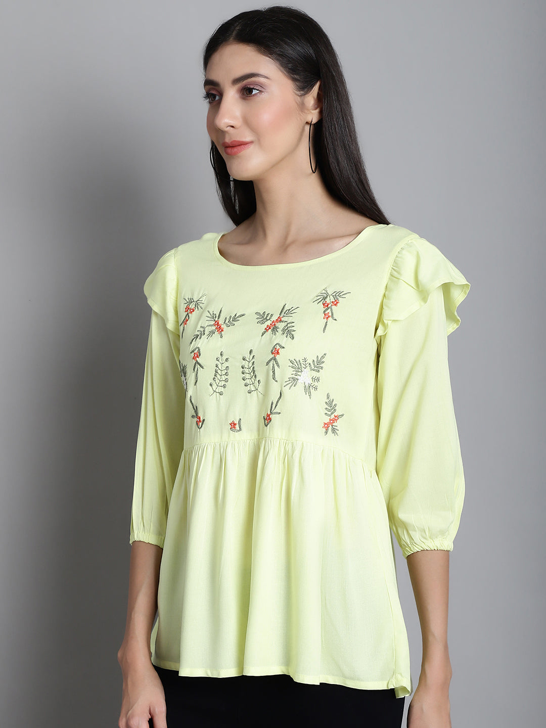 Jainish Women's Embroidered Stylish Top - Lemon