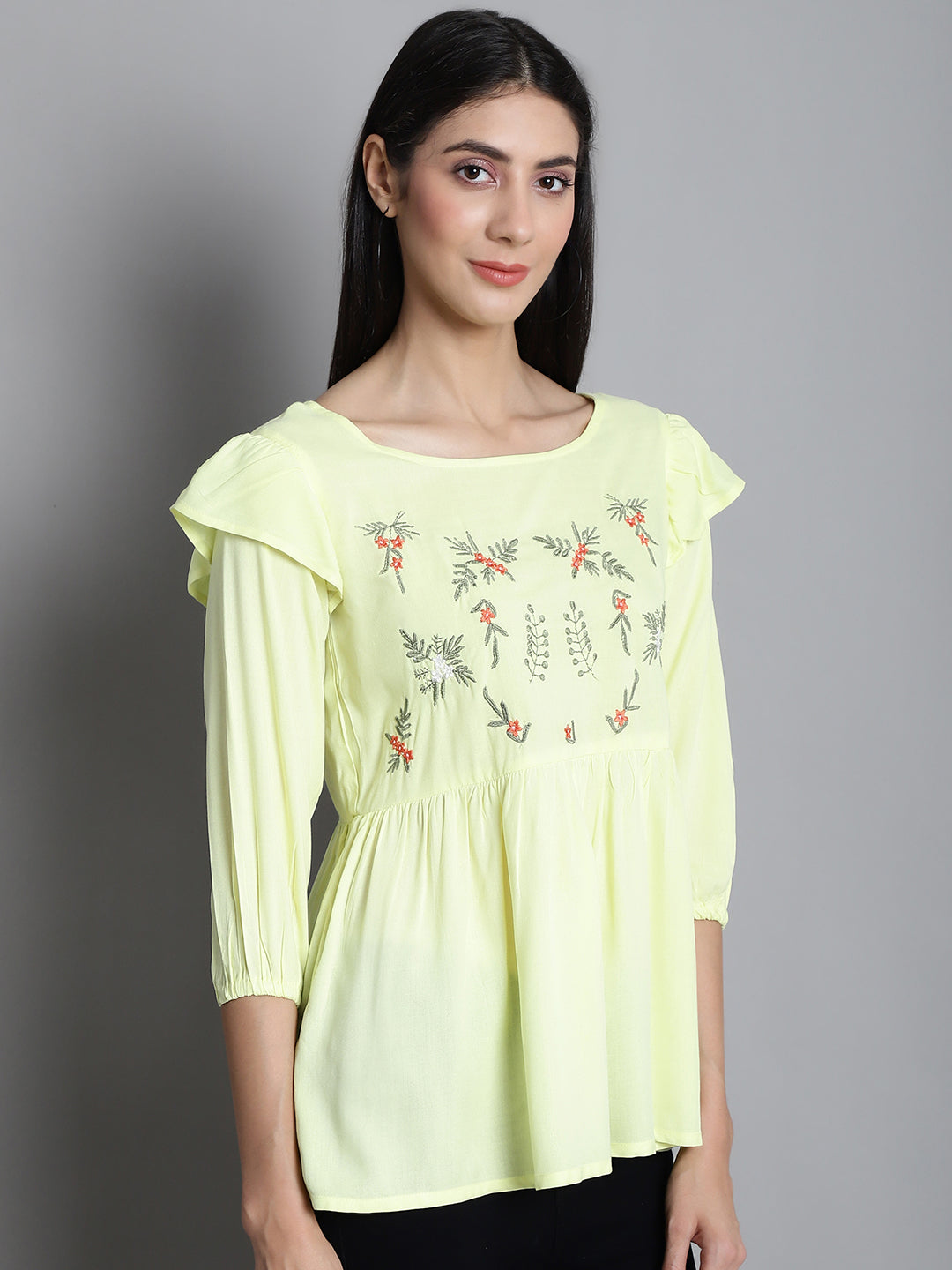 Jainish Women's Embroidered Stylish Top - Lemon