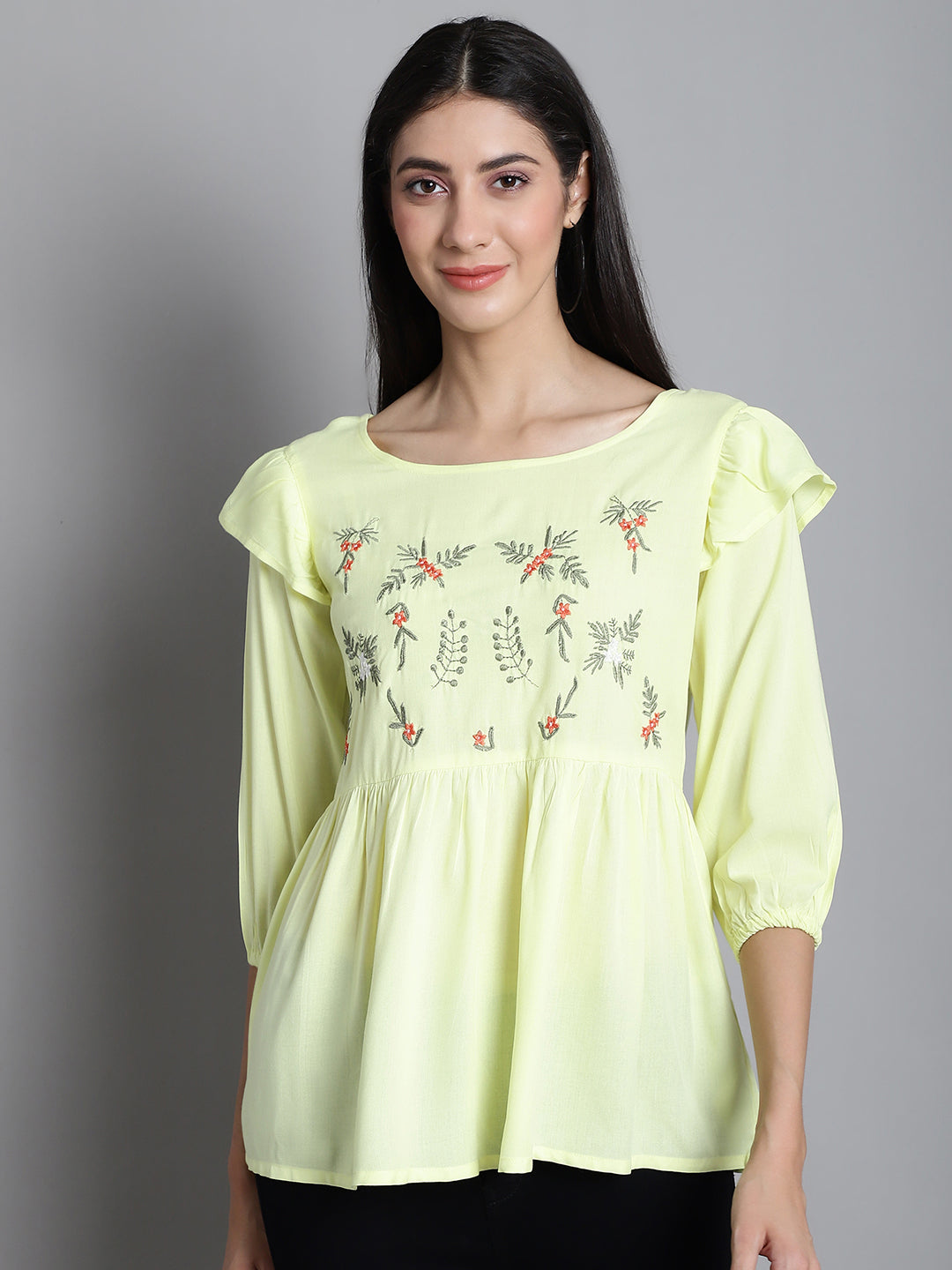 Jainish Women's Embroidered Stylish Top - Lemon