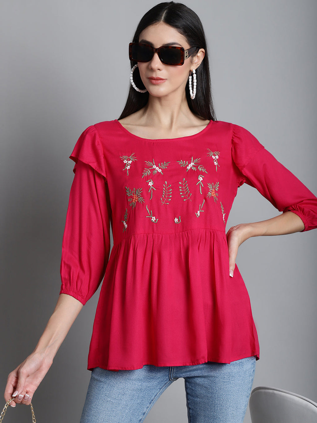Jainish Women's Embroidered Stylish Top - Red