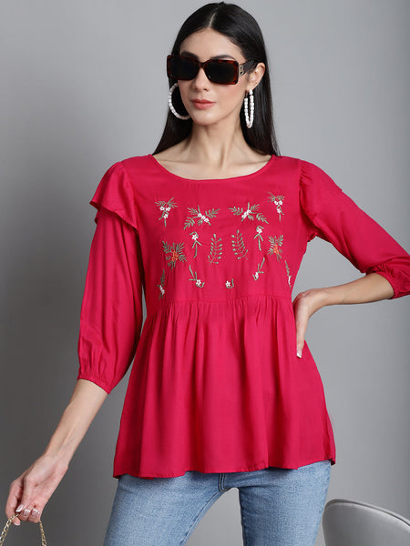 Jainish Women's Embroidered Stylish Top - Red