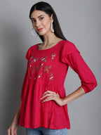 Jainish Women's Embroidered Stylish Top - Red