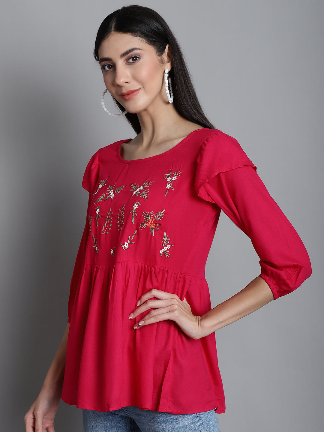 Jainish Women's Embroidered Stylish Top - Red
