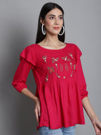 Jainish Women's Embroidered Stylish Top - Red