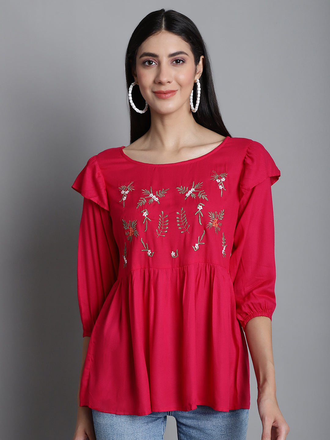 Jainish Women's Embroidered Stylish Top - Red