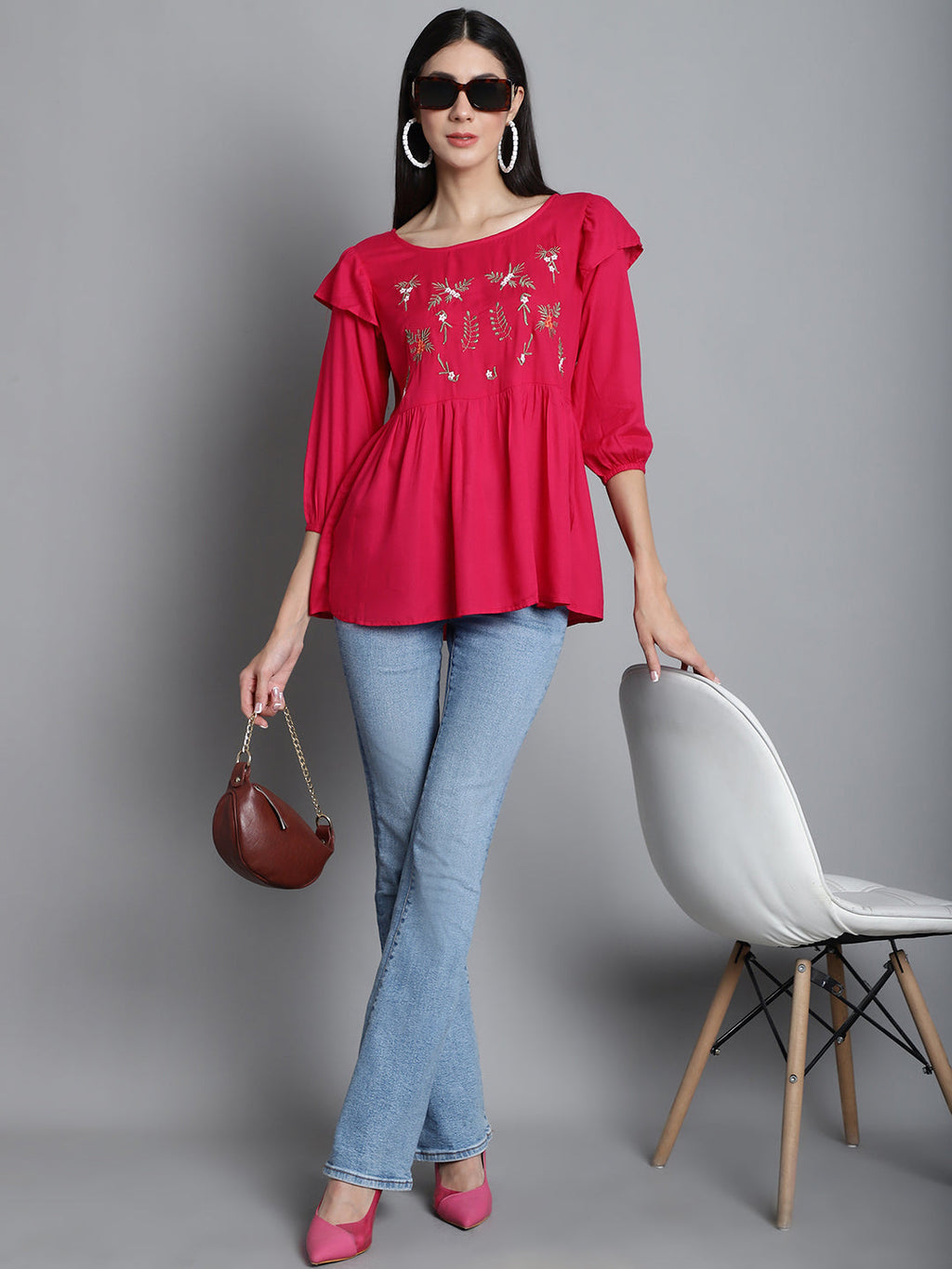 Jainish Women's Embroidered Stylish Top - Red