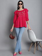 Jainish Women's Embroidered Stylish Top - Red