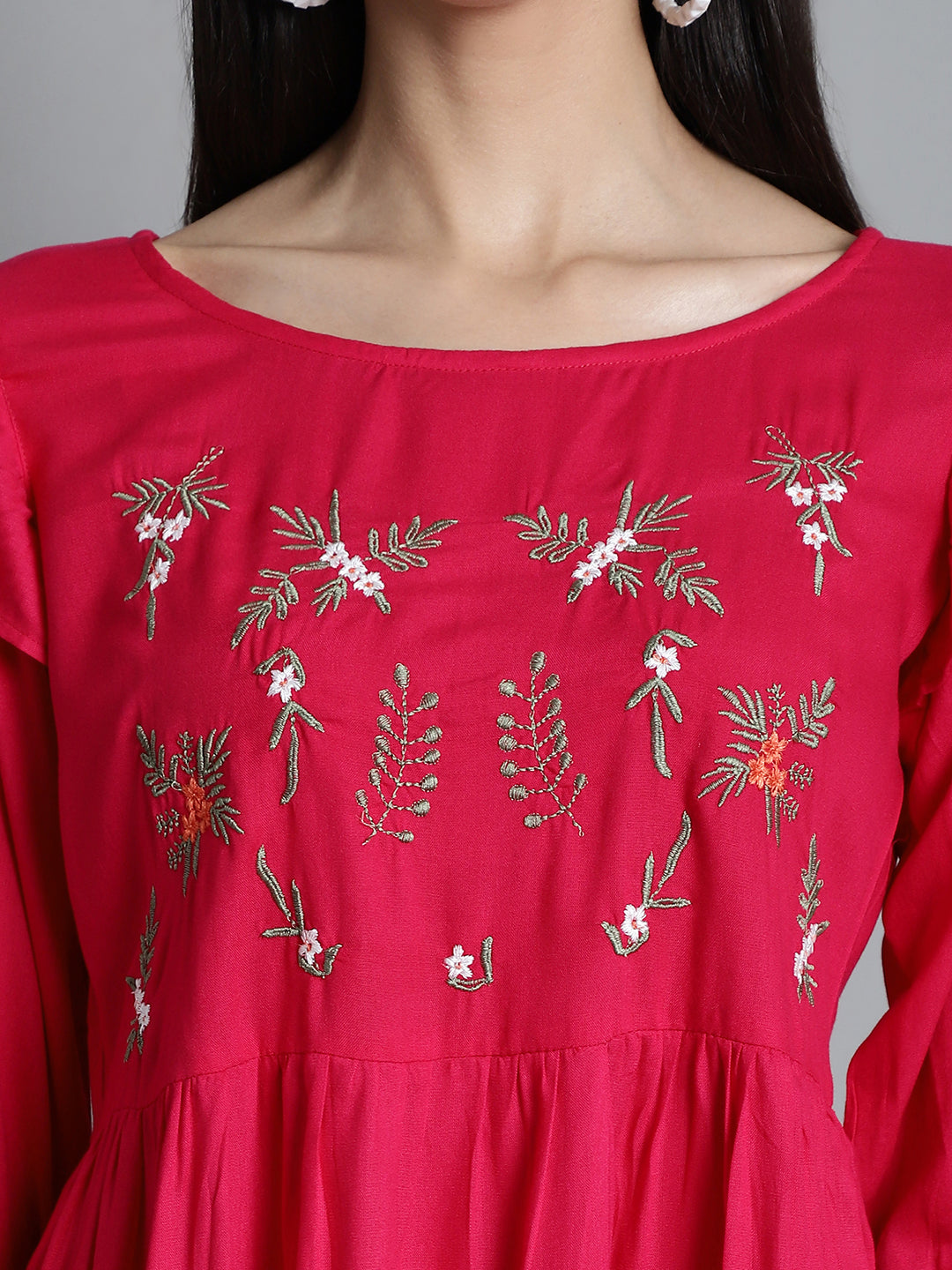Jainish Women's Embroidered Stylish Top - Red