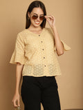 Indian Needle Women's Embroidered Cotton V-Neck Top - Beige