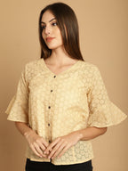 Indian Needle Women's Embroidered Cotton V-Neck Top - Beige
