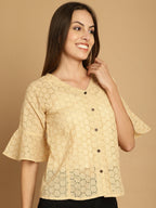 Indian Needle Women's Embroidered Cotton V-Neck Top - Beige