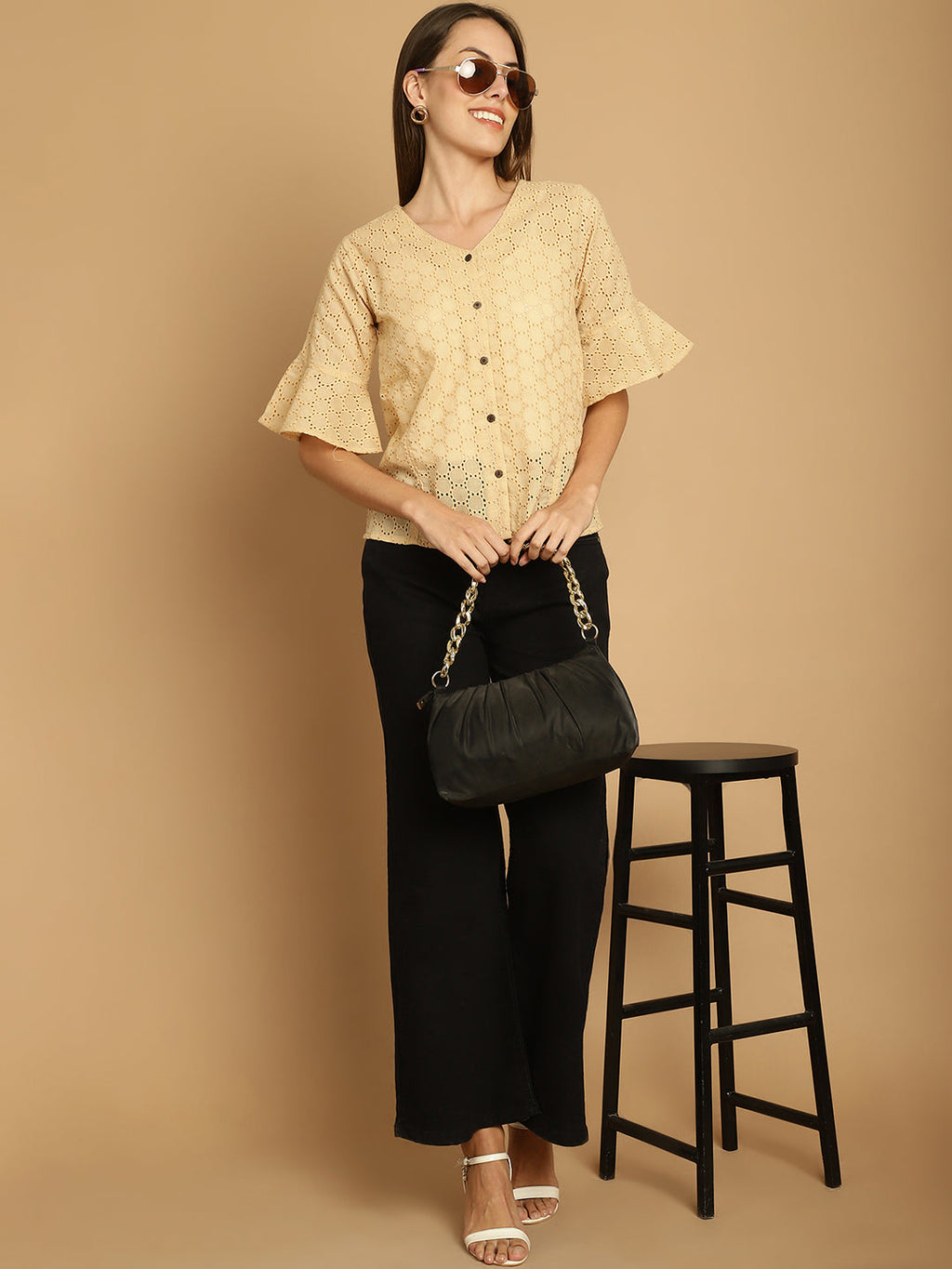 Indian Needle Women's Embroidered Cotton V-Neck Top - Beige