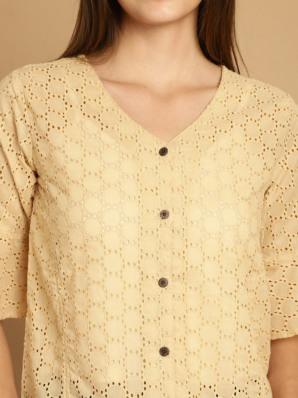 Indian Needle Women's Embroidered Cotton V-Neck Top - Beige