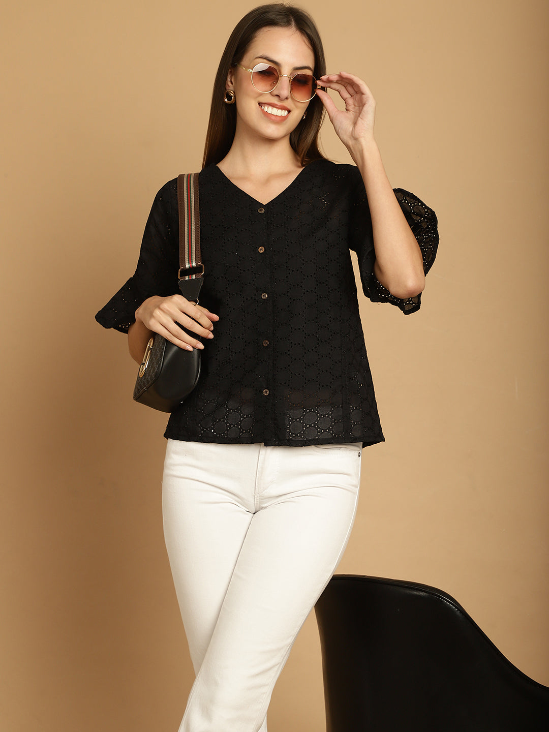Indian Needle Women's Embroidered Cotton V-Neck Top - Black