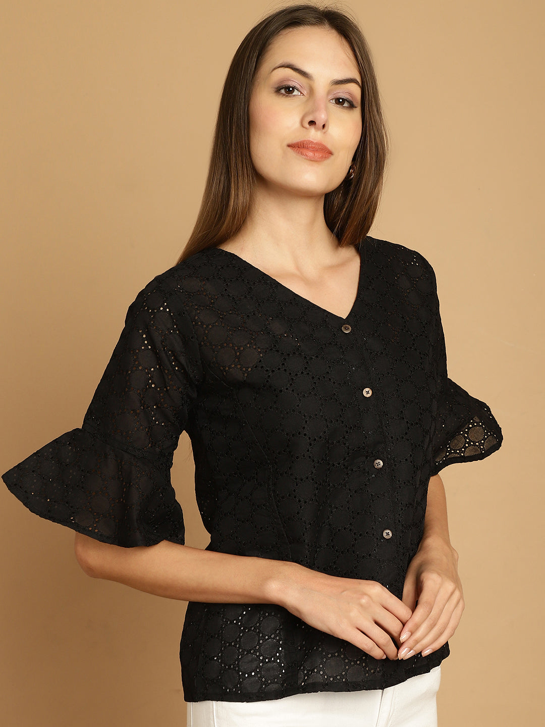 Indian Needle Women's Embroidered Cotton V-Neck Top - Black