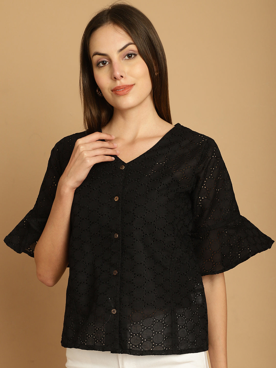 Indian Needle Women's Embroidered Cotton V-Neck Top - Black