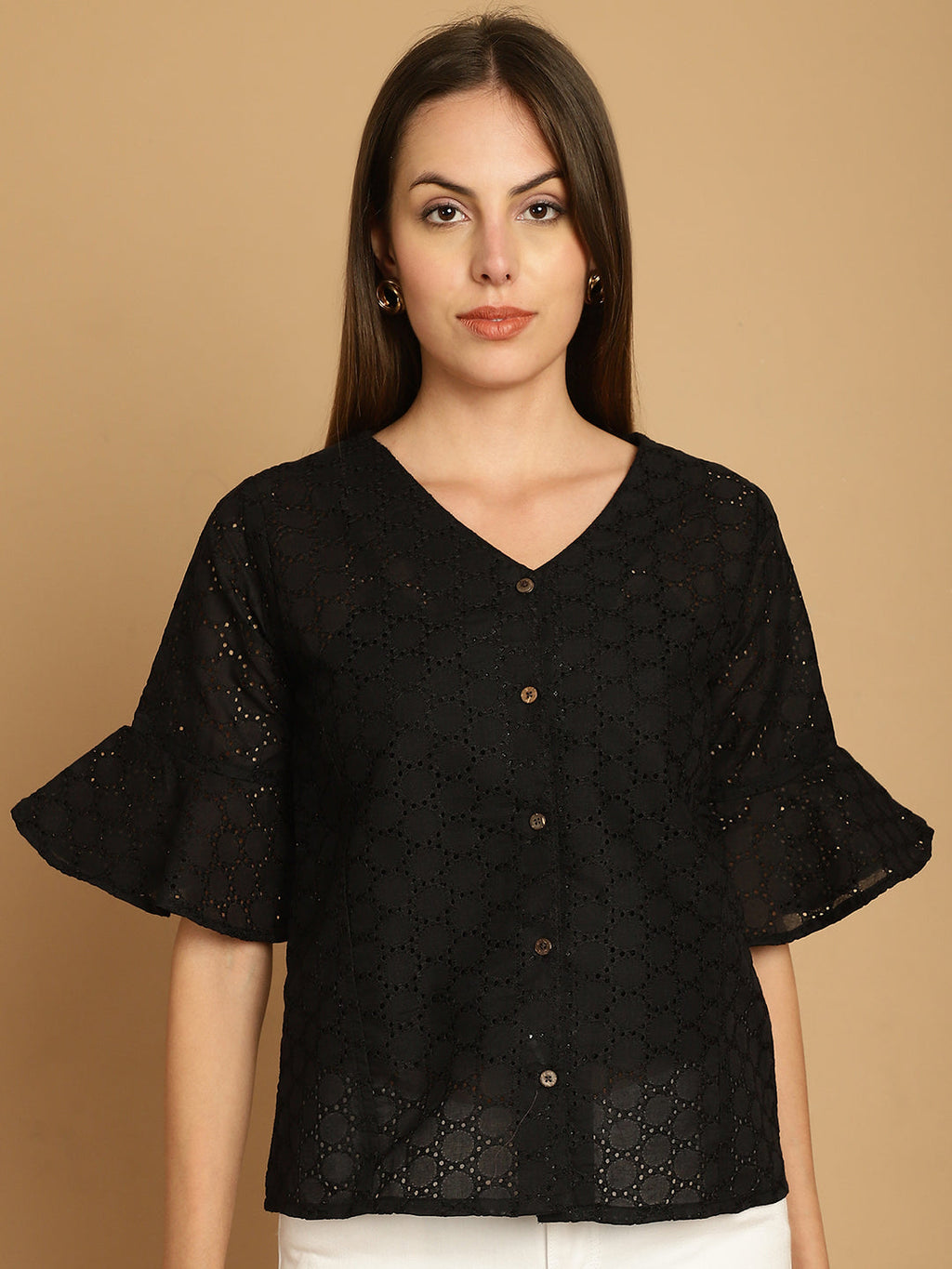 Indian Needle Women's Embroidered Cotton V-Neck Top - Black
