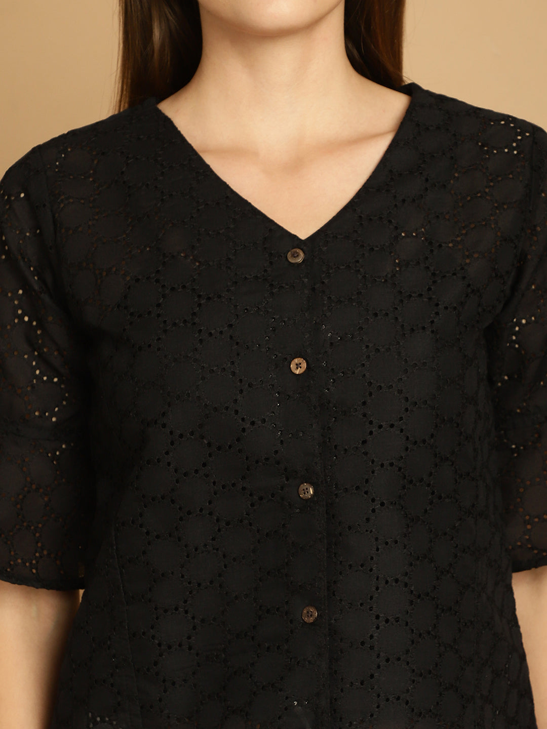 Indian Needle Women's Embroidered Cotton V-Neck Top - Black