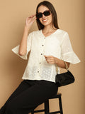 Indian Needle Women's Embroidered Cotton V-Neck Top - White