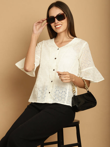 Indian Needle Women's Embroidered Cotton V-Neck Top - White
