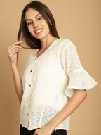 Indian Needle Women's Embroidered Cotton V-Neck Top - White