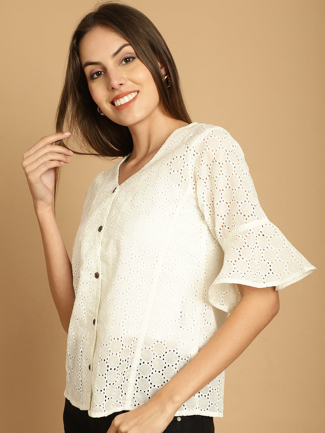 Indian Needle Women's Embroidered Cotton V-Neck Top - White