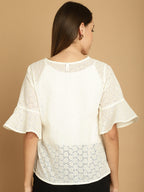 Indian Needle Women's Embroidered Cotton V-Neck Top - White
