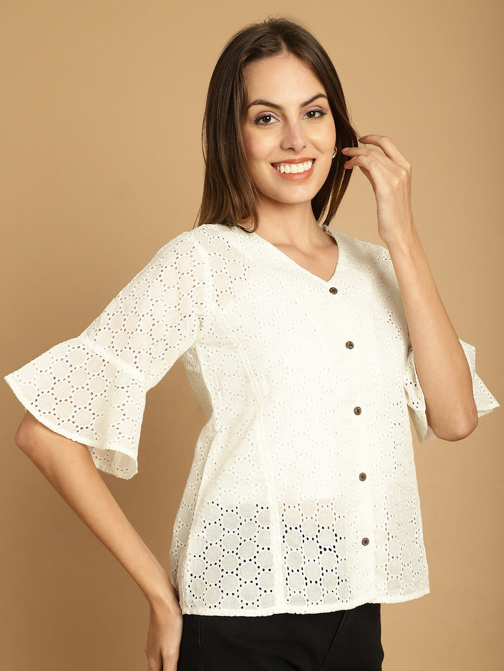 Indian Needle Women's Embroidered Cotton V-Neck Top - White