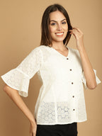 Indian Needle Women's Embroidered Cotton V-Neck Top - White