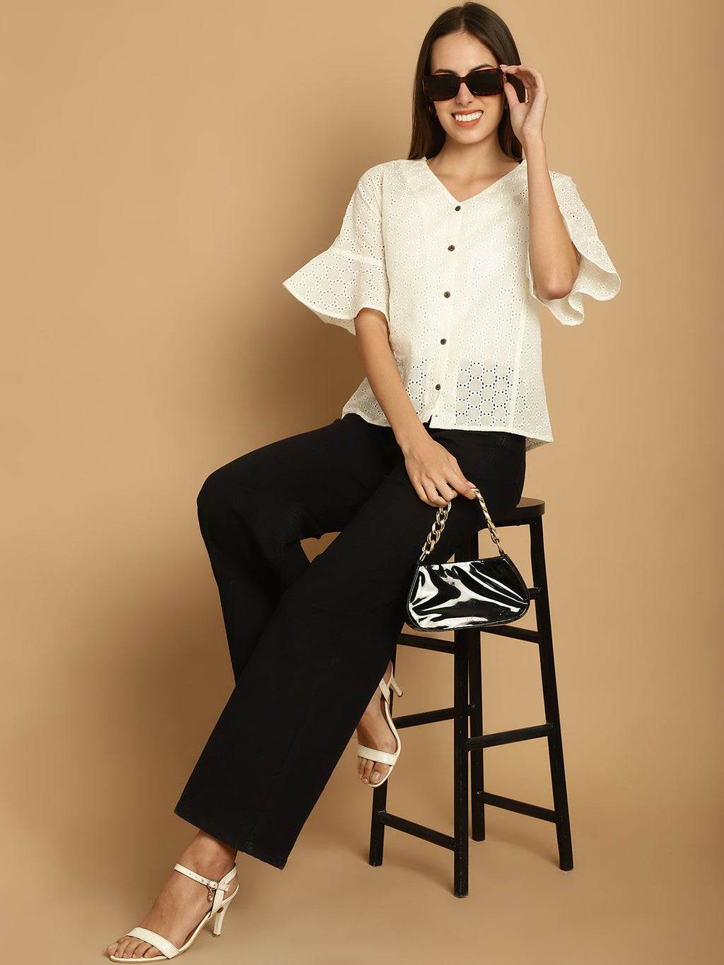Indian Needle Women's Embroidered Cotton V-Neck Top - White