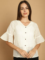 Indian Needle Women's Embroidered Cotton V-Neck Top - White