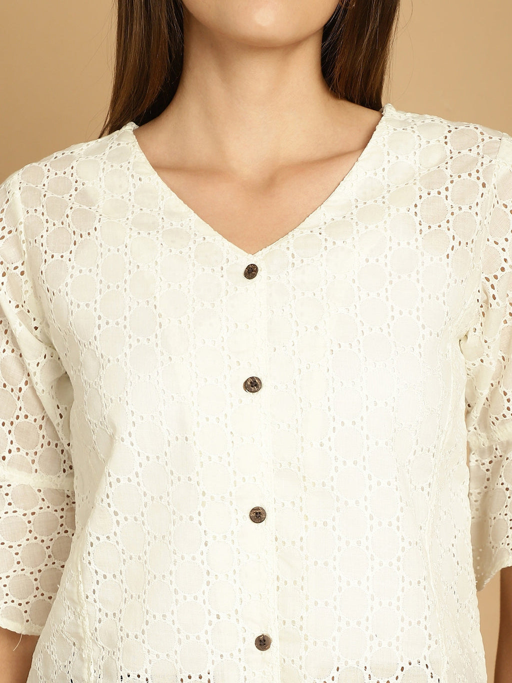 Indian Needle Women's Embroidered Cotton V-Neck Top - White