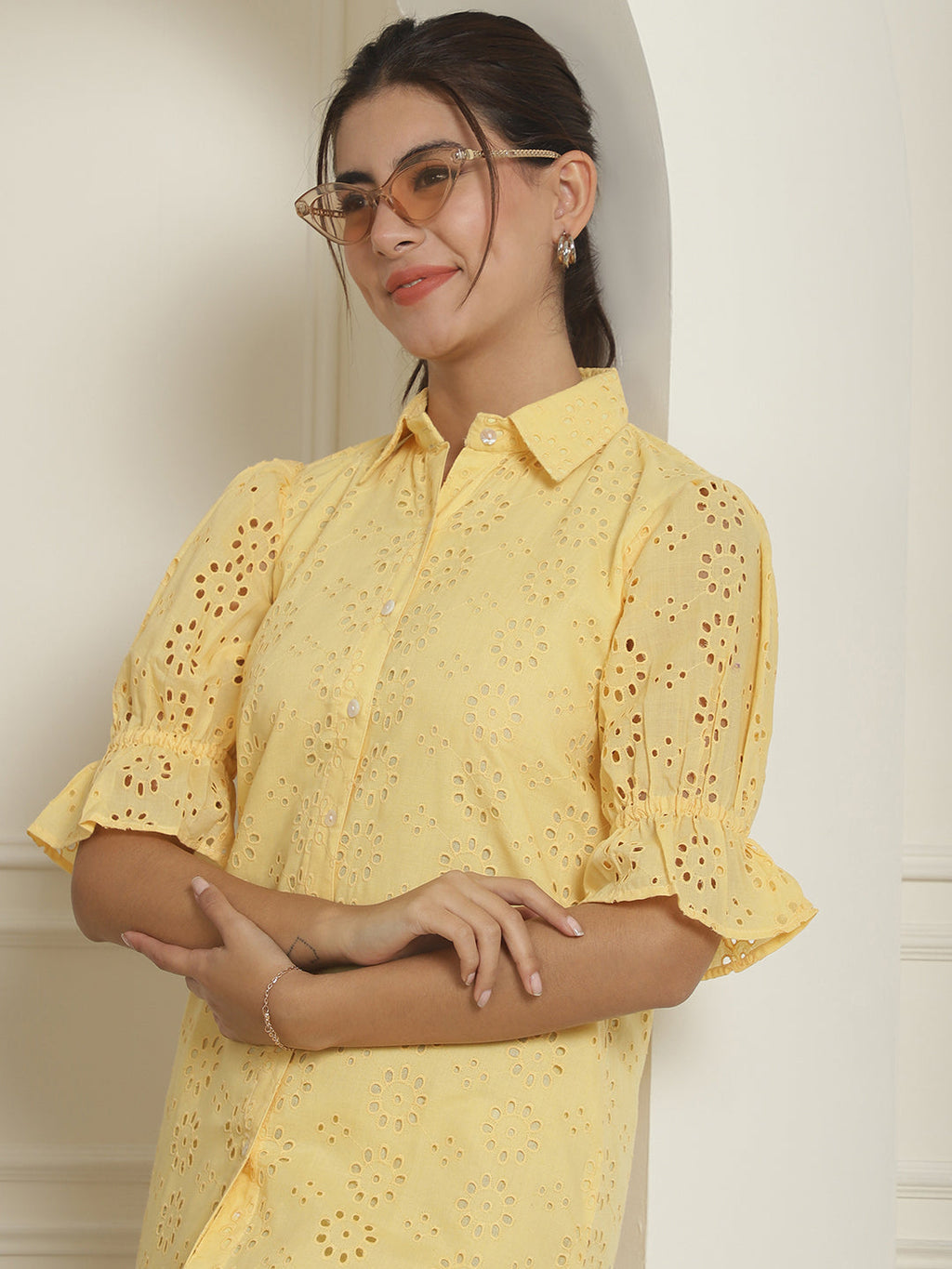 Indian Needle Women's Embroidered Cotton Dress - Yellow - Distacart